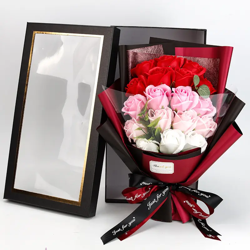 세인트 발렌타인 도매 발렌타인 데이 꽃 상자 pvc 창 장미 선물 선물 인공 비누 꽃 상자