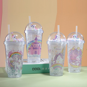Unicorn Plastic Straw Cup Double Walled With Lid And Straw For Kids Summer Drinkware Mixed Colors Cartoon Design - Product Image 1