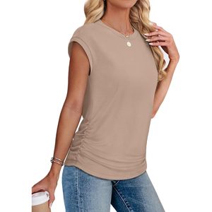 FOXA Camiseta de manga corta fruncida para mujer, cuello redondo, tejida, manga corta, longitud regular, moda de verano - Product Image 4