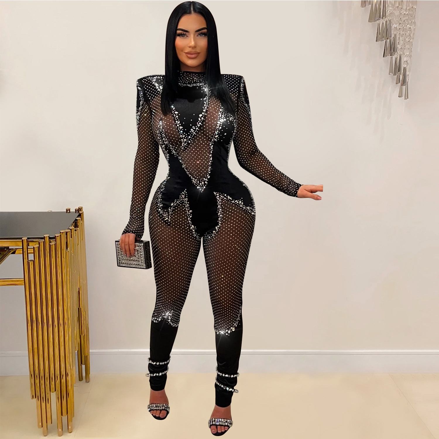 Long Sleeve Jumpsuit Rhinestone Jumpsuit Black Bodysuit Sequined - Main Image