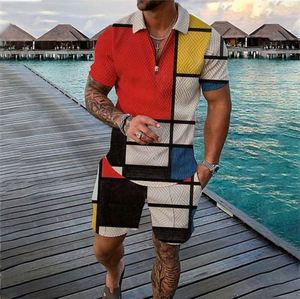 Ensemble de survêtement d'été tricoté pour hommes, motif dessin animé, deux pièces, avec fermeture éclair et manches courtes, vente en gros - Product Image 2