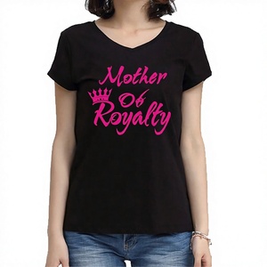 T-shirt en coton noir à col en V et manches courtes pour femme, coupe ample, avec logo frontal et strass en forme de cœur, style vintage, personnalisable - Product Image 4