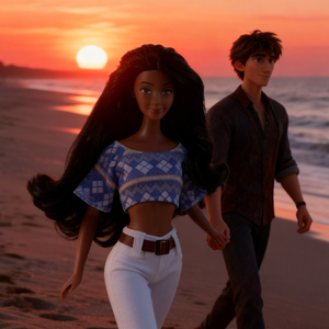 دمية فتاة أفريقية ترتدي قميصًا أزرقًا قصير الأكمام مع بنطلونًا أبيض واسع الساق وقبعة دائرية وردية للبيع - Product Image 3