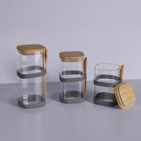 Ensemble de 3 pots à épices en verre avec couvercles et cuillères en bambou, bandes en silicone gris, rangement pour assaisonnements de cuisine