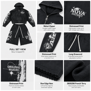 Custom Boxy Cropped Zip up <strong>Hoodie</strong> <strong>Set</strong> Vintage Distressed Acid Wash 3/4 Long Sweat <strong>Shorts</strong> <strong>Sets</strong> Two Piece <strong>Mens</strong> Tracksuit - Product Image 3