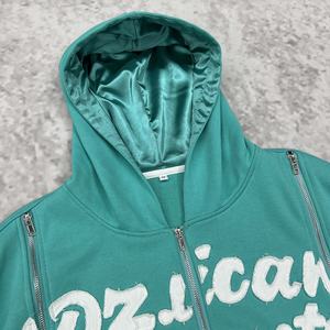 Sweat à capuche streetwear personnalisé triple fermeture éclair pour homme, épais, brodé, doublé satin, en coton, épaules tombantes, coupe oversize - Product Image 2
