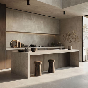 Modern Luxury Wabisabi Style Modular Kitchen Island Cabinet Artificial Marble Top Solid Wood Door Option Neutral Tone Open Shelf - Product Image 1