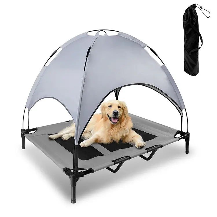 Großes Outdoor-Haustierbett mit Vordach für Camping grau Haustierbett Haustier-Campingbett Sonnenschutz für draußen mit Zelt wasserdicht
