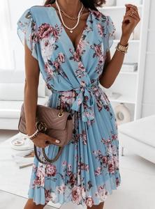 Vestido de Verano con Cuello en V, Estampado Floral, Ecológico, Transpirable, Corte en A, Largo hasta la Rodilla, Casual, Holgado, Manga Corta, Cintura Alta, Cruzado para Mujer - Product Image 4