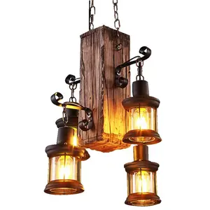 China Wholesale Rustic Hanging Pendant Lamp Iron And Wood Ceiling Lamp