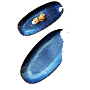 Blue Kiln Reactive Glaze Oval Sushi <b>Ceramic</b> <b>Plate</b> for Hotel Restaurant 12/14 Inch Dinner <b>Plate</b> Appetizer Serving Decorative Dish - Product Image 1