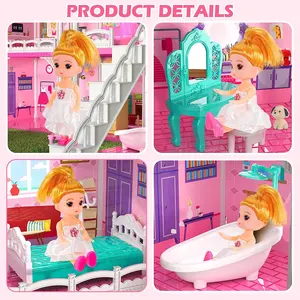 Maison de poupée rose, meubles de maison de rêve, jouets pour filles, cadeau de maison de jeu pour tout-petits, 4 histoires, 10 pièces, maison de poupée avec 2 Princesses