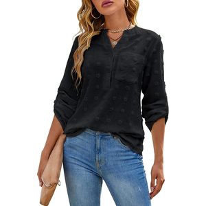 Womens Dressy Blouses Notch V Neck Long Sleeve Button <b>Down</b> Shirt Business Casual Work Tops Poplin Fabric - Product Image 1
