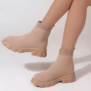 Xinzi Rian Drop Verzending Vrouwen Winter Laarzen Ronde Neus Effen Kleur Lage Top Gebreide Vrouwen Platform Sok Laarzen