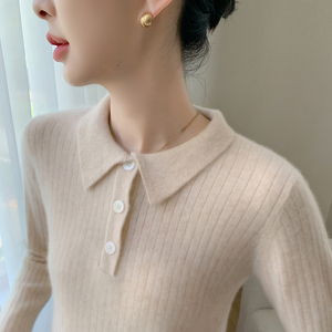 女式 Polo 领半纽扣 100% 羊绒针织套头衫 立式罗纹修身长袖纯色海军蓝毛衣，适合日常通勤 - Product Image 5