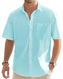 High Quality Men's Cotton <b>Linen</b> <b>Short</b> <b>Sleeve</b> <b>Shirts</b> Casual Button Up Beach Tops for Summer Wholesale - Product Image 1