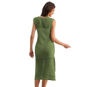 Robe en tricot pour femmes, col rond, sans manches, couleur unie, longueur mi-longue, fendue, respirante, pour le tourisme et les loisirs - Product Image 3