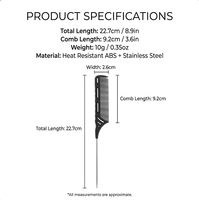 Peigne à queue de rat professionnel de 22,7 cm avec queue en acier inoxydable, résistant à la chaleur, antistatique, pour le coiffage des cheveux