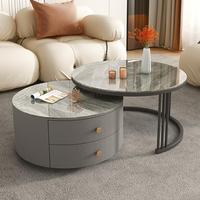 Ensemble de tables basses modernes en or avec plateau en pierre frittée, table d'appoint en verre, tiroirs de rangement, style minimaliste italien pour salons