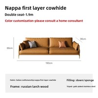 Canapé en cuir véritable haut de gamme, style italien, design moderne minimaliste, luxe léger, trois places, pieds hauts, orange, pour salon