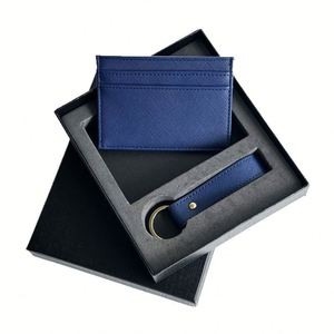X418 New Stock Custom Logo Pu Saffiano Leather <b>Key</b> Ring and Card <b>Holder</b> for Travel Gift <b>Box</b> Set Slim Unisex Card Wallet - Product Image 2