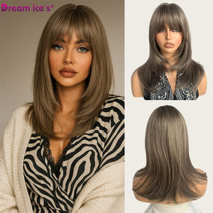 Pelucas de Cabello Natural Liso y Ondulado de Dream Ice, Venta al por Mayor de Fábrica, Color Marrón Miel con Flequillo, Cortas, Marrón Mixto Rubio, Cabello Sintético - Product Image 1
