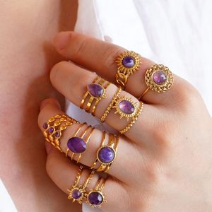 Anillos de acero inoxidable, joyería para mujer, chapado en oro de 18K, resistente al agua, sin deslustre, abierto, ajustable, piedra Natural, anillo de amatista curativo - Product Image 1