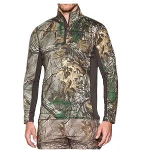 T-shirt camouflage 1/4 laine mérinos pour homme, uniformes d'extérieur avec fermeture éclair