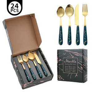 Stainless Steel Marble 24-Piece Cutlery <b>Set</b> Dark Green Handles Durable Restaurant-Style <b>Knife</b> <b>Fork</b> <b>Spoon</b> <b>Set</b> - Product Image 4