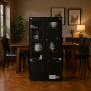 Mobiletto da soggiorno nero in legno ingegnerizzato con vetro temperato, vetrina espositiva - Product Image 2