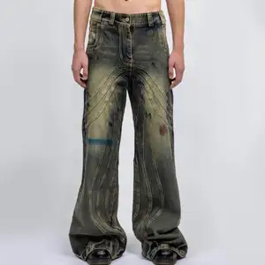 Celana Denim pria, jeans kaki lurus desain asli, celana Denim cuci longgar klasik untuk pria