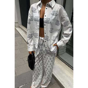 Conjunto de Lino con Estampado Étnico Sobe para Mujer, Manga Larga, Estilo Bohemio, Transpirable, Primavera Verano, Blanco - Product Image 6