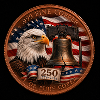 Pièce de monnaie personnalisée OEM de 1 oz en cuivre pur .999, ronde, avec Aigle chauve américain, drapeau américain et Cloche de la Liberté 1776-2026, imprimée UV et gaufrée, vente en gros