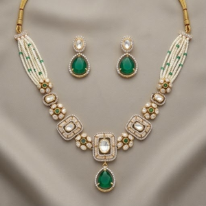 Parure de bijoux de mariée de luxe en argent 925 avec émeraudes et perles, collier et boucles d'oreilles élégantes pour femme - Product Image 2