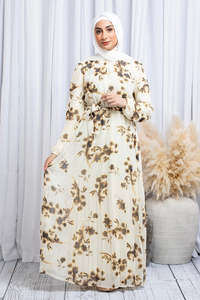 Leduo Customized <b>White</b> Floral Print Modest Floor Length Dress Smocked Cuff Abaya for Muslim - Product Image 2