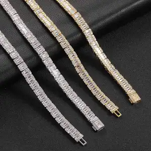 Fashion Jewelry Necklace Iced Out Baguette 5A Zircon Cuban Chain Hip-Hop Silver Bling 8mm Width Cuban Link Chain Necklace