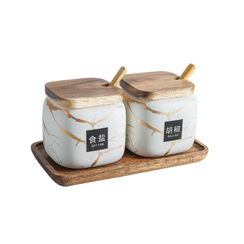 Conjunto de jarras de tempero de cozinha japonesa, dois pacotes, de cerâmica, mármore, combinação para casa, temperos, sal, açúcar, tempero