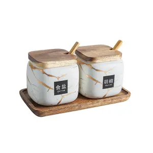 일본 주방 젖빛 조미료 항아리 세트 2 팩 대리석 세라믹 가정용 조합 조미료 상자 소금 설탕 조미료