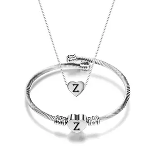 Trendy Silver Stainless Steel Braided Necklace Bracelet Personality 26 English Letters Heart Jewelry Set