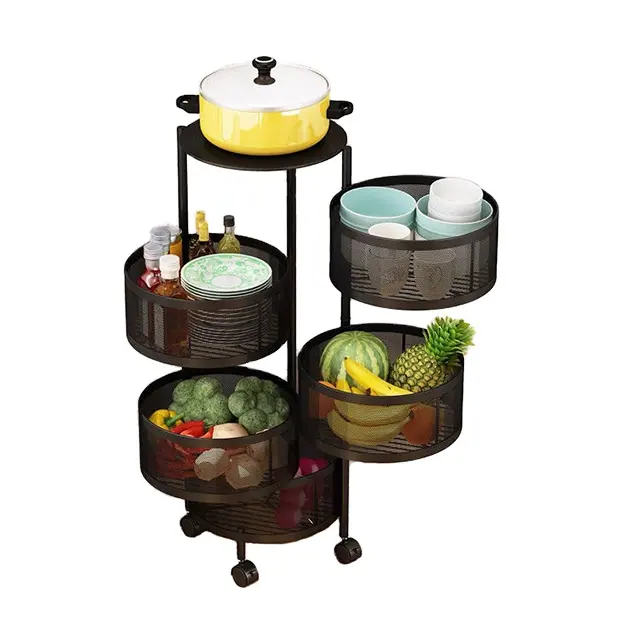 Rotating Shelf 360 Degree Baskets Fruit Multipurpose 3/4/5 -tier Kitchen Vegetable Metal Storage Rack With Wheels