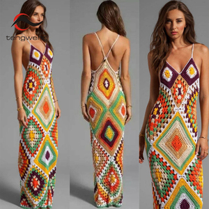 TW Color Stitching Long Dress Bikini <strong>Cover</strong> <strong>up</strong> Full Handmade <strong>Wedding</strong> Crochet Beach Dress - Product Image 2