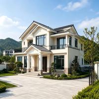 Villa contemporaine en structure acier, plan ouvert, conception modulaire préfabriquée, maison familiale, appartement, hôtel, salon extérieur
