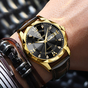 Binbond Men's Quartz Watch Black Dial Gold Case Leather Strap Waterproof Analog Business Casual Watch Model B2521 - Product Image 2