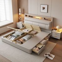 Lit de rangement moderne avec tête de lit LED, base relevable hydraulique, tiroirs latéraux, lit capitonné de luxe taille King pour chambre principale