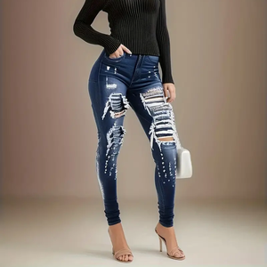 مقاس كبير سراويل نسائية عالية الجودة عالية الخصر بسط نحيف مموج ثقب الجينز خمر صنع في الصين - Product Image 4