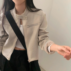 Nuevas llegadas de otoño, nueva moda retro, abrigos de cuero para <span class=keywords><strong>mujer</strong></span> con cuello alto, manga <span class=keywords><strong>larga</strong></span> y <span class=keywords><strong>cremallera</strong></span>. - Product Image 4
