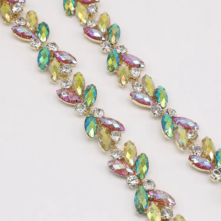 High Quality Glitter Colorful AB Glass Rhinestone Trimming Bride Crystal Applique Flower Pattern Rhinestone Chain Trim