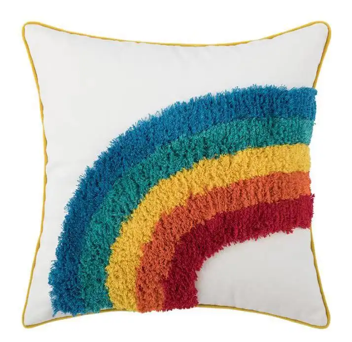 Innermor News hot selling Rainbow multi color Farmhouse Decor cotton fabric with white tassel Throw cushions for sofa