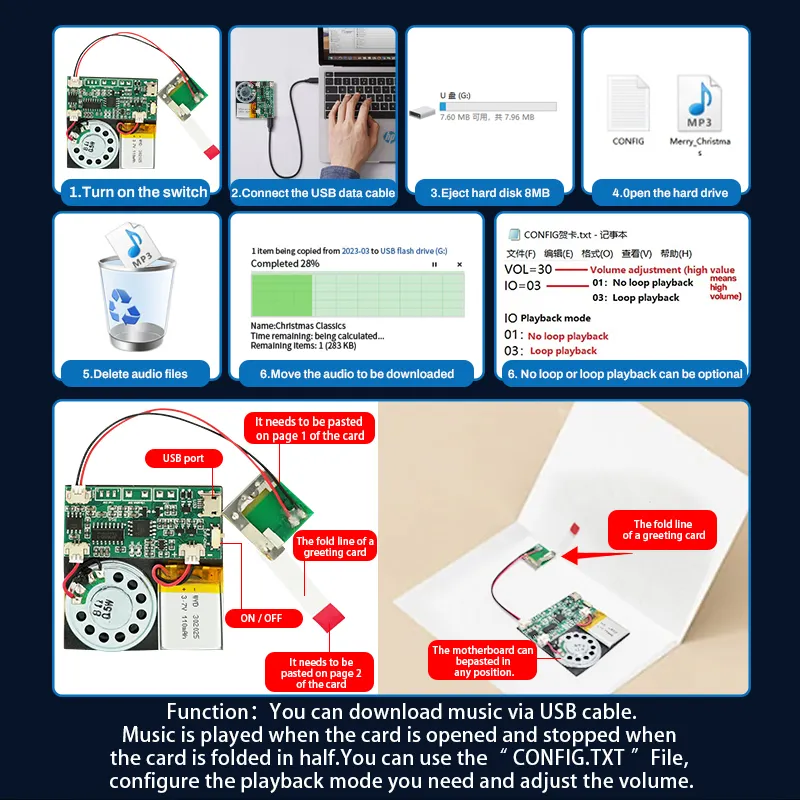 Modul suara Audio USB kualitas suara perekam dan dapat diisi ulang Chip suara musik versi kartu ucapan untuk komputer