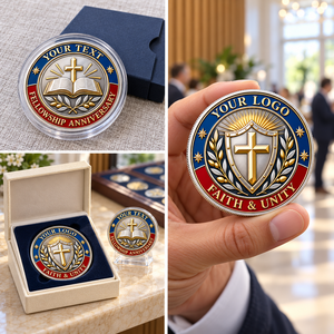 Monedas de Desafío Religiosas Personalizadas con Cruz Grabada en 3D y Escudo Esmaltado en Azul y Rojo, Regalo de Aniversario para la Iglesia - Product Image 2